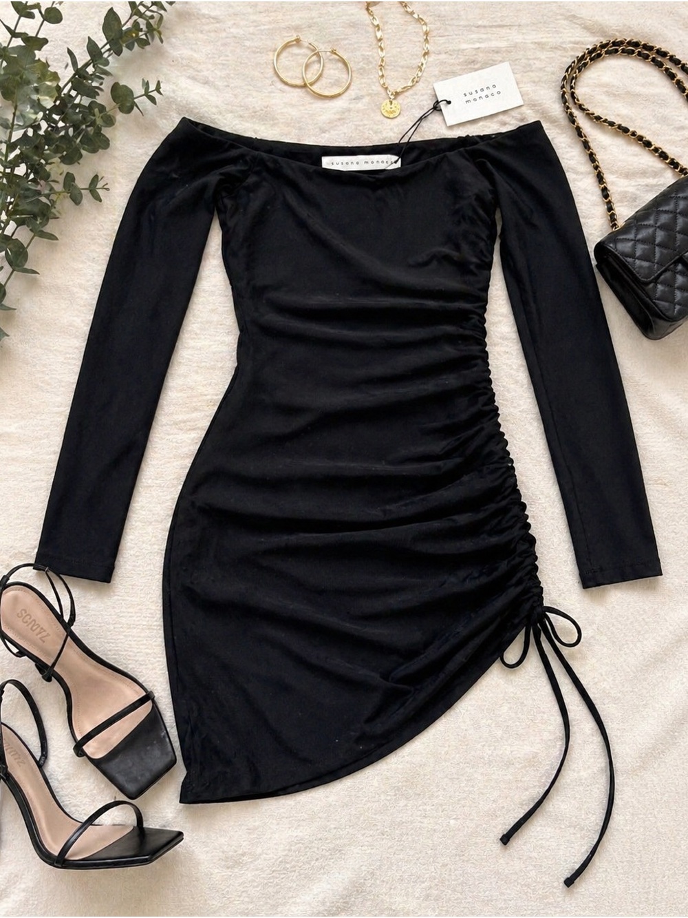 Susana Monaco Black Ruched Off Shoulder Mini Dress XS NWT